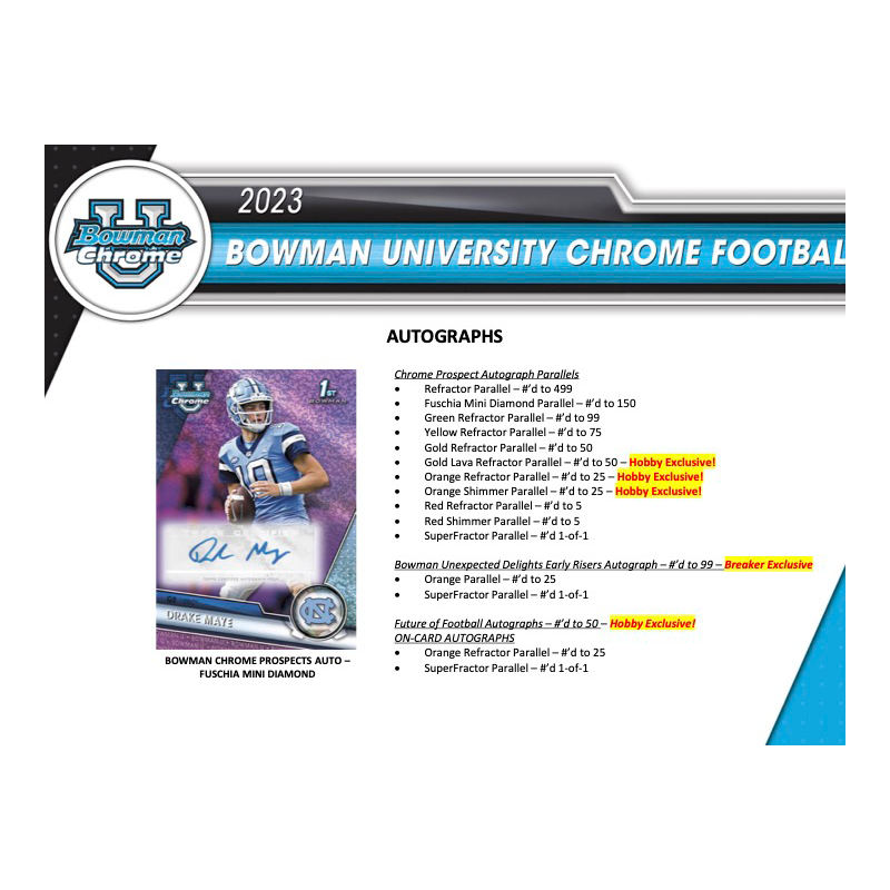 2023 Bowman University Chrome Football Hobby Box - 24 Packs, Collectible Trading Cards